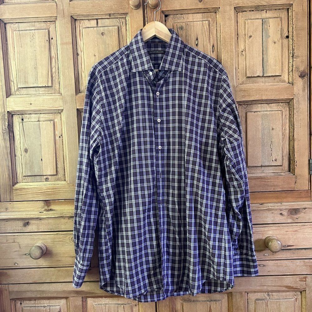 Men's Peter Millar Large Purple & Brown Plaid Long Sleeve Button Front Shirt
